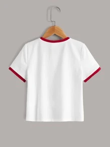 SHEIN 青少女櫻桃印花對比邊條t恤 - 白色 - 查看 2