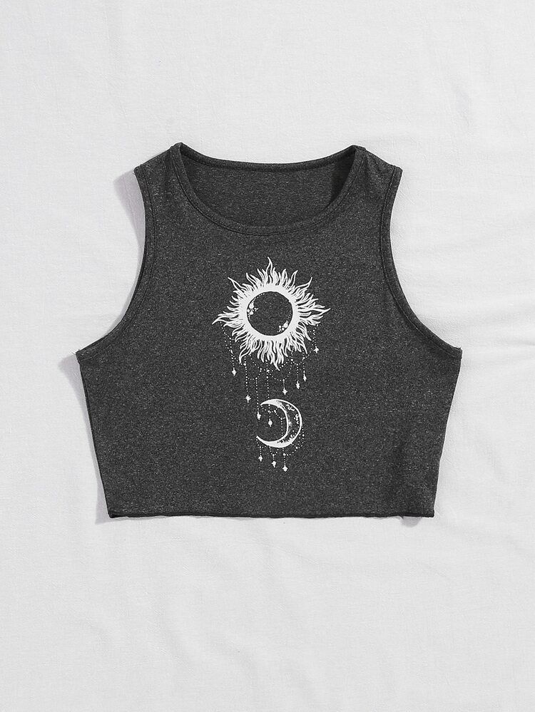 SHEIN Unity Sun And Moon Print Crop Tank Top - Dark Grey - View 3