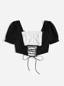 Áo sơ mi nữ viền lá sen Ren lên Khối Màu Giải trí - màu đen - Xem 1