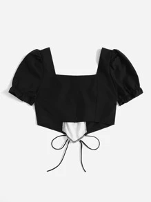 Áo sơ mi nữ viền lá sen Ren lên Khối Màu Giải trí - màu đen - Xem 2