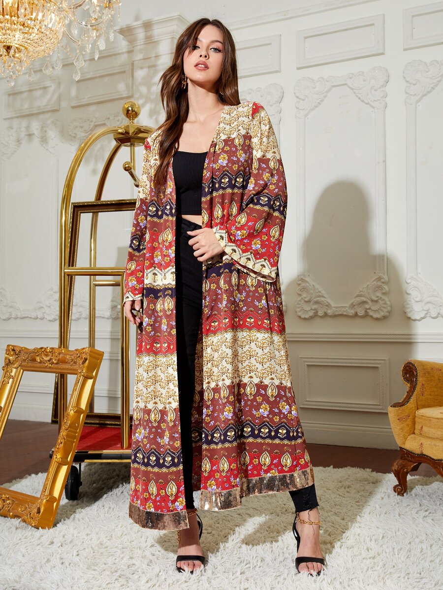 holiCHIC Floral & Baroque Print Open Front Longline Coat - Multicolor - View 1