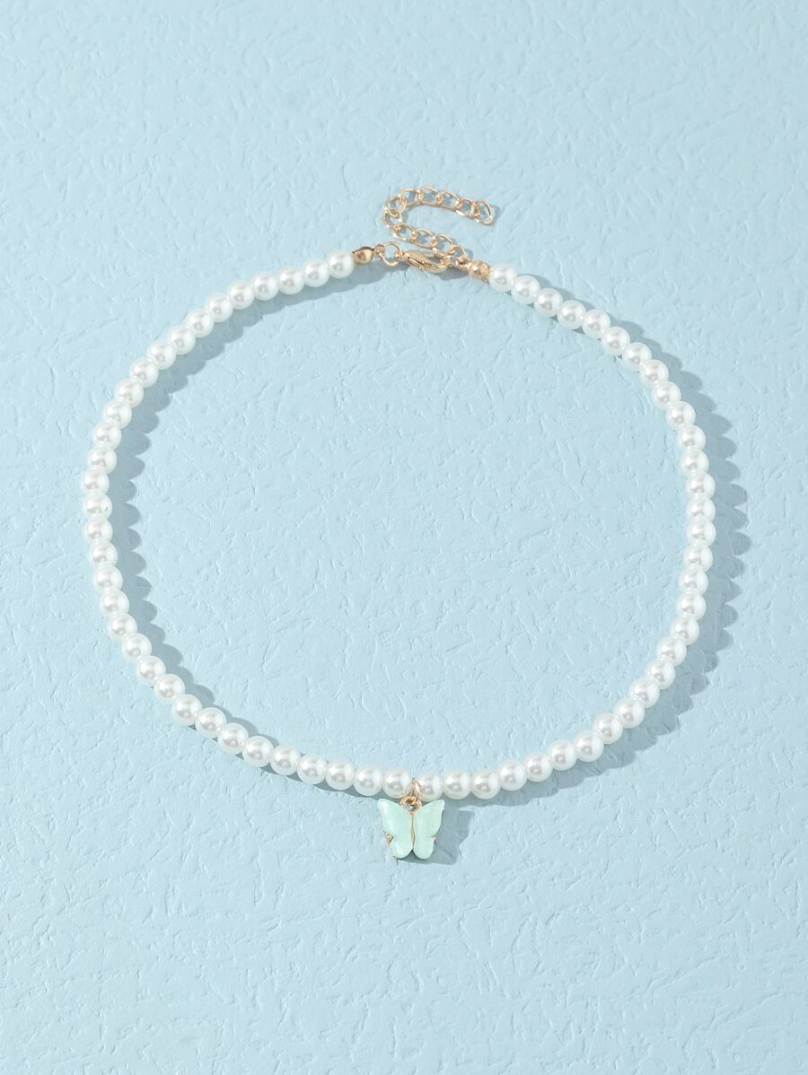 1 pieza Collar de mujer con mariposa de acrílico y perla, accesorio diario - Verde - Ver 1