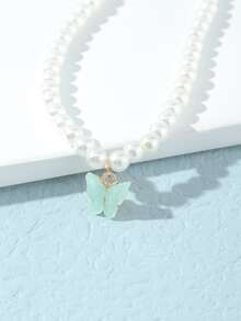 1 pieza Collar de mujer con mariposa de acrílico y perla, accesorio diario - Verde - Ver 2