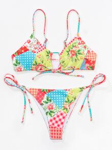 Bikini de retazos con lazos laterales para la playa de verano - Multicolor - Ver 3