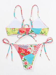Bikini de retazos con lazos laterales para la playa de verano - Multicolor - Ver 4