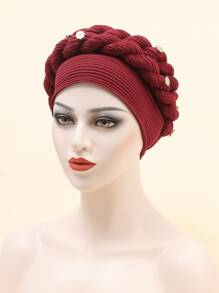 水鑽裝飾頭巾帽 - 酒紅色 - 查看 1