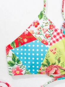 Bikini de retazos con lazos laterales para la playa de verano - Multicolor - Ver 6