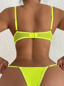 AltCore Neon Lime Floral Lace Underwire Sexy Bra & Panty Lingerie Set - Lime Green - View 2