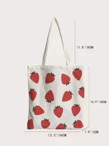 Bolso tote con estampado de fresa de lona - Beis - Ver 3