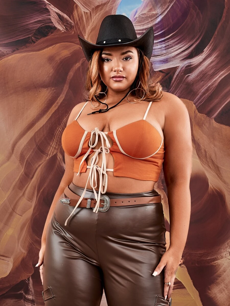 SHEIN ICON Plus Cut Out Lace Up Crop Cami Top - Rust Brown - View 1