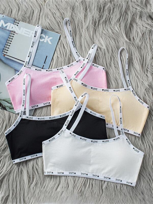 Teenager Mädchen 4 teiliges Bralette mit Herz und Buchstabengrafik und Kontrasteinfassung