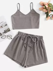 Waffle Knit Knot Front Lounge Set - Mocha Brown - View 1