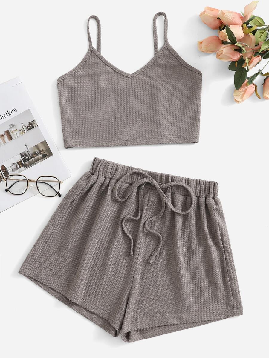 Waffle Knit Knot Front Lounge Set - Mocha Brown - View 1