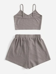 Waffle Knit Knot Front Lounge Set - Mocha Brown - View 2