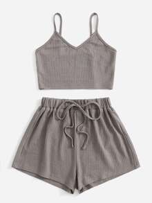 Waffle Knit Knot Front Lounge Set - Mocha Brown - View 3