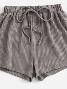 Waffle Knit Knot Front Lounge Set - Mocha Brown - View 4