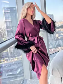 Fuzzy Cuff Trumpet Sleeve Surplice Neck Belted Satin Sleep Robe - Purple - View 1