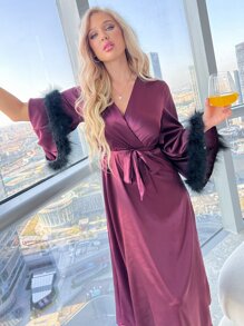 Fuzzy Cuff Trumpet Sleeve Surplice Neck Belted Satin Sleep Robe - Purple - View 4