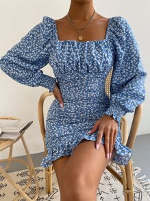SHEIN Privé Vestido ajustado floral de manga farol fruncido bajo con fruncido - Azul y blanco - Ver 1