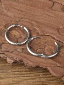 1 bông tai dạng vòng tối giản, trang sức bằng thép không gỉ - Bạc - Xem 2