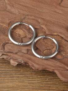 1 bông tai dạng vòng tối giản, trang sức bằng thép không gỉ - Bạc - Xem 3