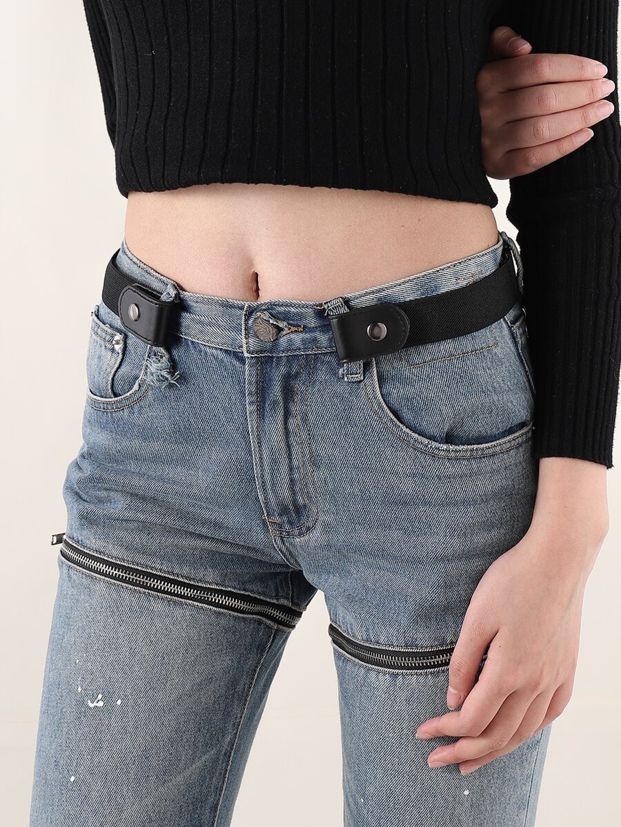 1pc Women No Buckle Elastic Casual Stretch Invisible Belt - Black - View 1