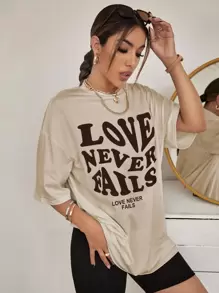 SHEIN Unity Camiseta de hombros caídos con estampado de letra - Albaricoque - Ver 1