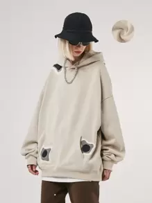 落肩袖補丁細節連帽衫 - 卡其色 - 查看 1