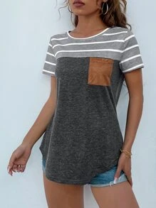 SHEIN LUNE Camiseta de rayas con bolsillo delantero - Gris Oscuro - Ver 1
