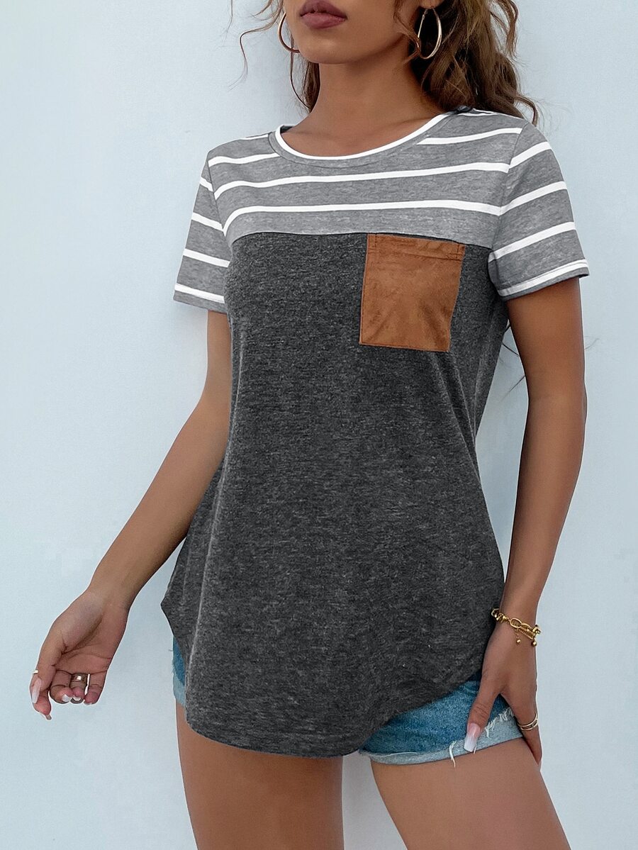 SHEIN LUNE Camiseta de rayas con bolsillo delantero - Gris Oscuro - Ver 1
