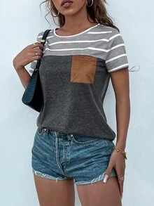 SHEIN LUNE Camiseta de rayas con bolsillo delantero - Gris Oscuro - Ver 4