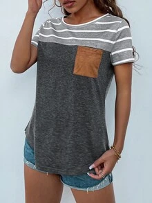 SHEIN LUNE Camiseta de rayas con bolsillo delantero - Gris Oscuro - Ver 5