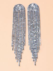 Pendientes largos con diseño de diamante de imitación - Plateado - Ver 3