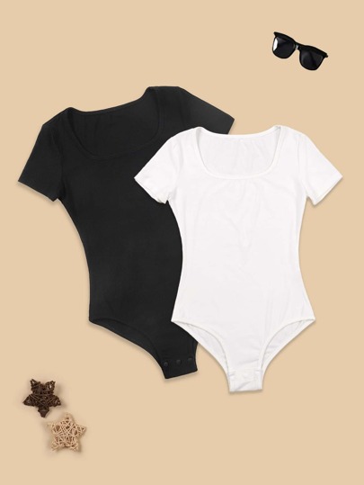 SHEIN Sparklyn Tween Girl 2pcs Solid Ribbed Knit Bodysuit