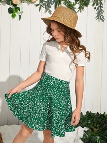 SHEIN Niñas de cuello V unicolor Top & con estampado Set falda - Multicolor - Ver 4