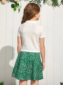 SHEIN Niñas de cuello V unicolor Top & con estampado Set falda - Multicolor - Ver 2