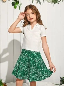 SHEIN Niñas de cuello V unicolor Top & con estampado Set falda - Multicolor - Ver 5