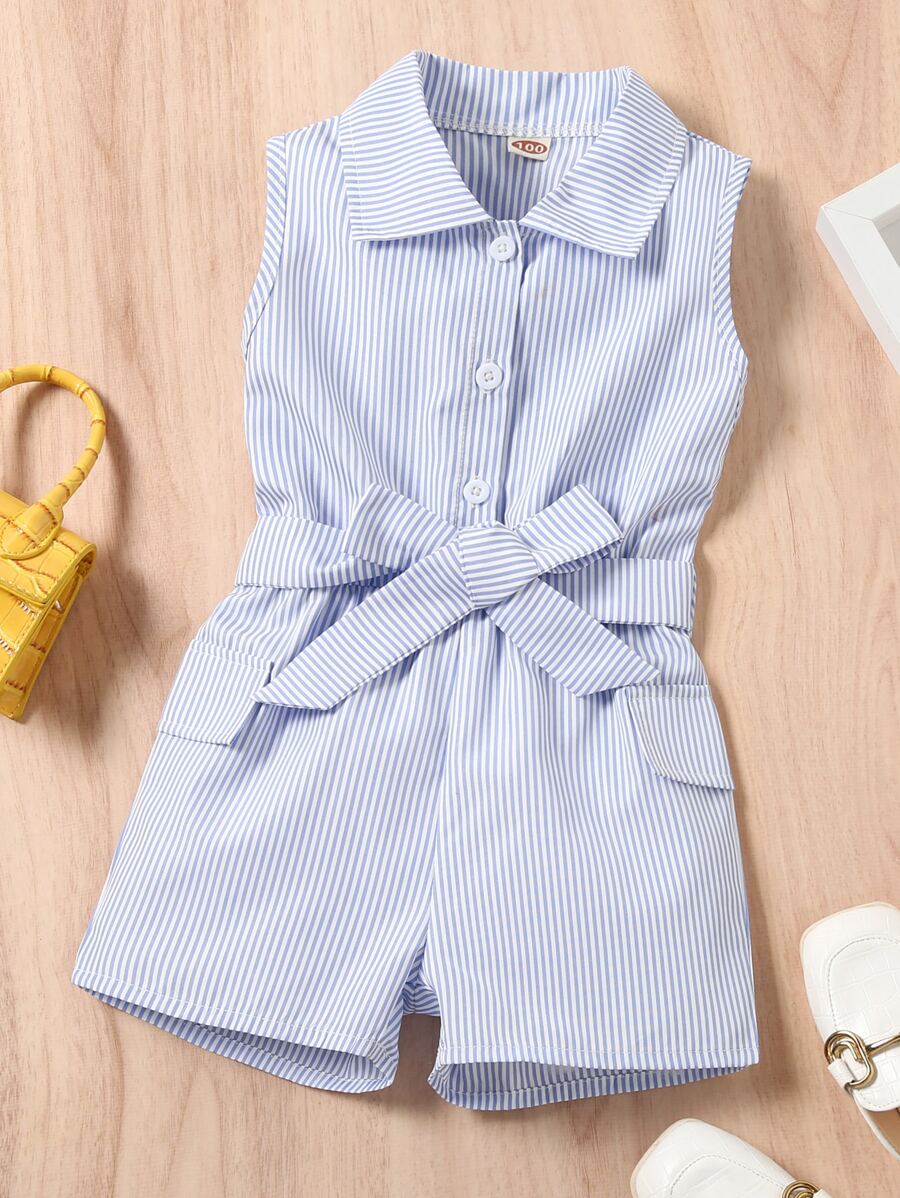 SHEIN Genkimix Kids 年輕女孩休閒條紋短袖連身褲配蝴蝶結腰帶,適合度假和休閒,夏季穿著 - 藍白色 - 查看 1