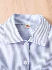 SHEIN Genkimix Kids 年輕女孩休閒條紋短袖連身褲配蝴蝶結腰帶,適合度假和休閒,夏季穿著 - 藍白色 - 查看 4