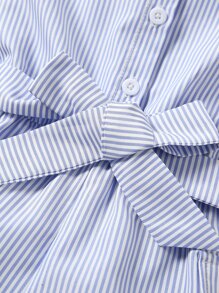 SHEIN Genkimix Kids 年輕女孩休閒條紋短袖連身褲配蝴蝶結腰帶,適合度假和休閒,夏季穿著 - 藍白色 - 查看 5