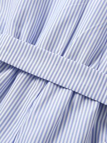 SHEIN Genkimix Kids 年輕女孩休閒條紋短袖連身褲配蝴蝶結腰帶,適合度假和休閒,夏季穿著 - 藍白色 - 查看 6