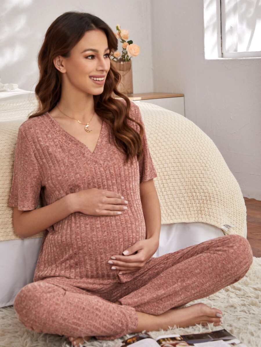 Maternity Rib-knit Top & Trousers PJ Set - Redwood - View 1
