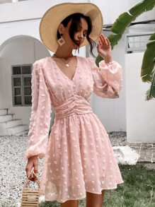 SHEIN Holidaya Đầm Xù Dây kéo màu trơn Boho - Màu Hồng baby - Xem 1