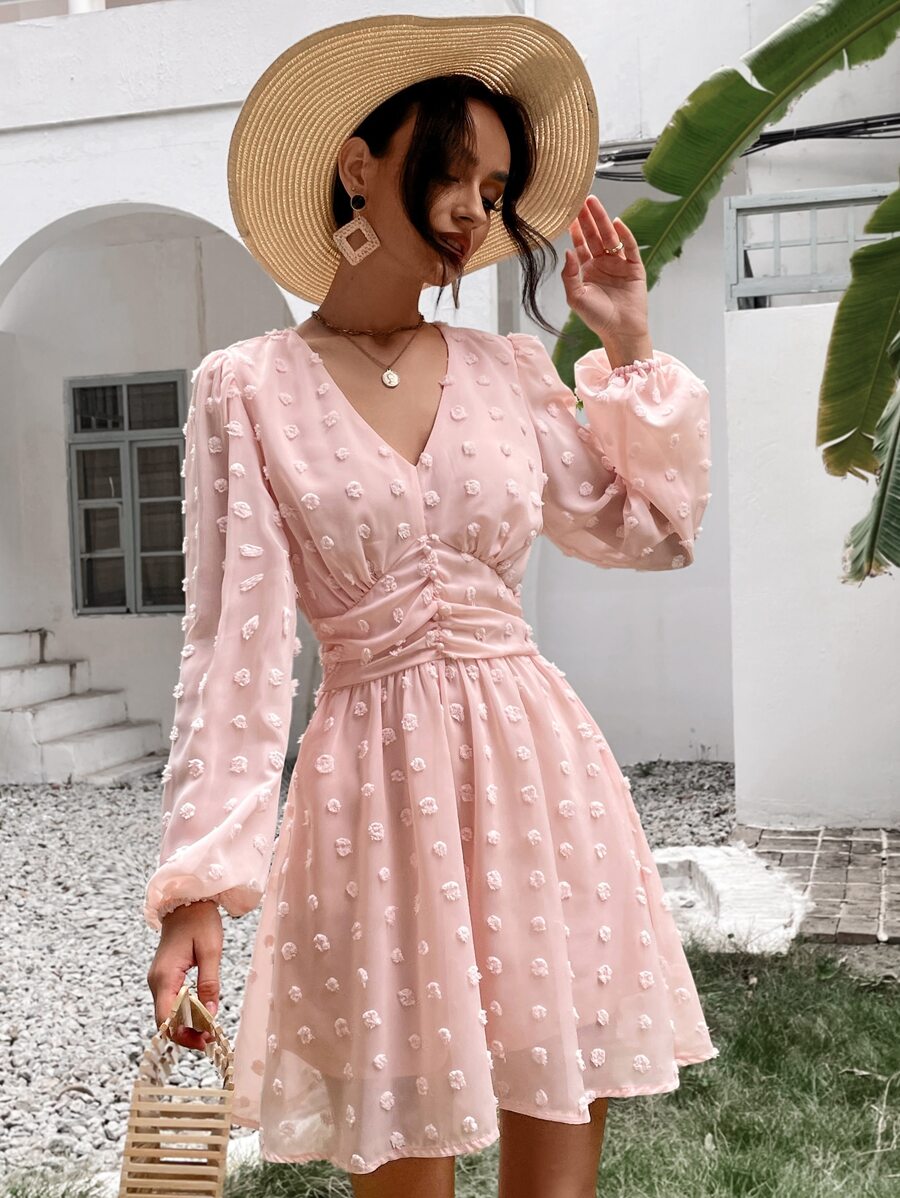 SHEIN Holidaya Đầm Xù Dây kéo màu trơn Boho - Màu Hồng baby - Xem 1