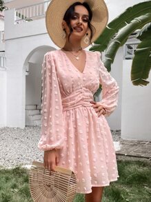 SHEIN Holidaya Đầm Xù Dây kéo màu trơn Boho - Màu Hồng baby - Xem 5
