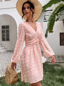 SHEIN Holidaya Đầm Xù Dây kéo màu trơn Boho - Màu Hồng baby - Xem 6
