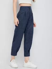 Mulvari 高腰折疊揉皺雜色針織九分褲子 - 藏蓝色 - 查看 3