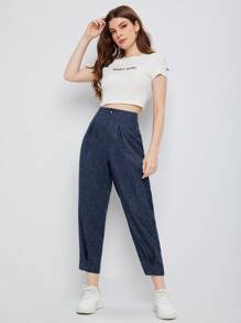 Mulvari 高腰折疊揉皺雜色針織九分褲子 - 藏蓝色 - 查看 4