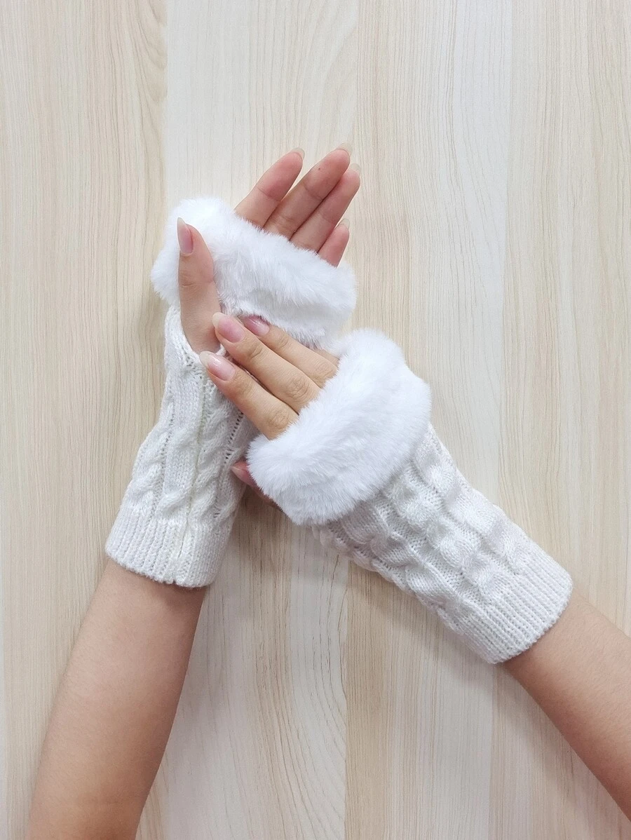 1pc Fuzzy Trim Cable Knit Open Finger Gloves Fingerless Gloves