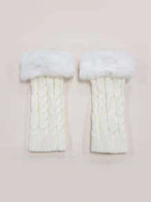 1pc Fuzzy Trim Cable Knit Open Finger Gloves Fingerless Gloves